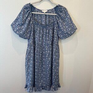 Vanilla Bay Blue Floral Knee Length Milkmaid Dress Puff Short Sleeves Casual